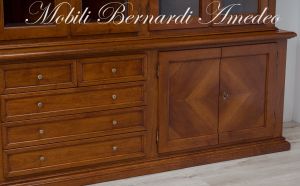 LB55 Walnut Bookcase Raised Base Inlaid Doors Glass Doors Drawers 04
